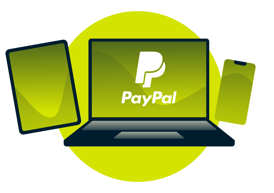 Kannettava, tabletti ja puhelin sek&auml; PayPalin logo.