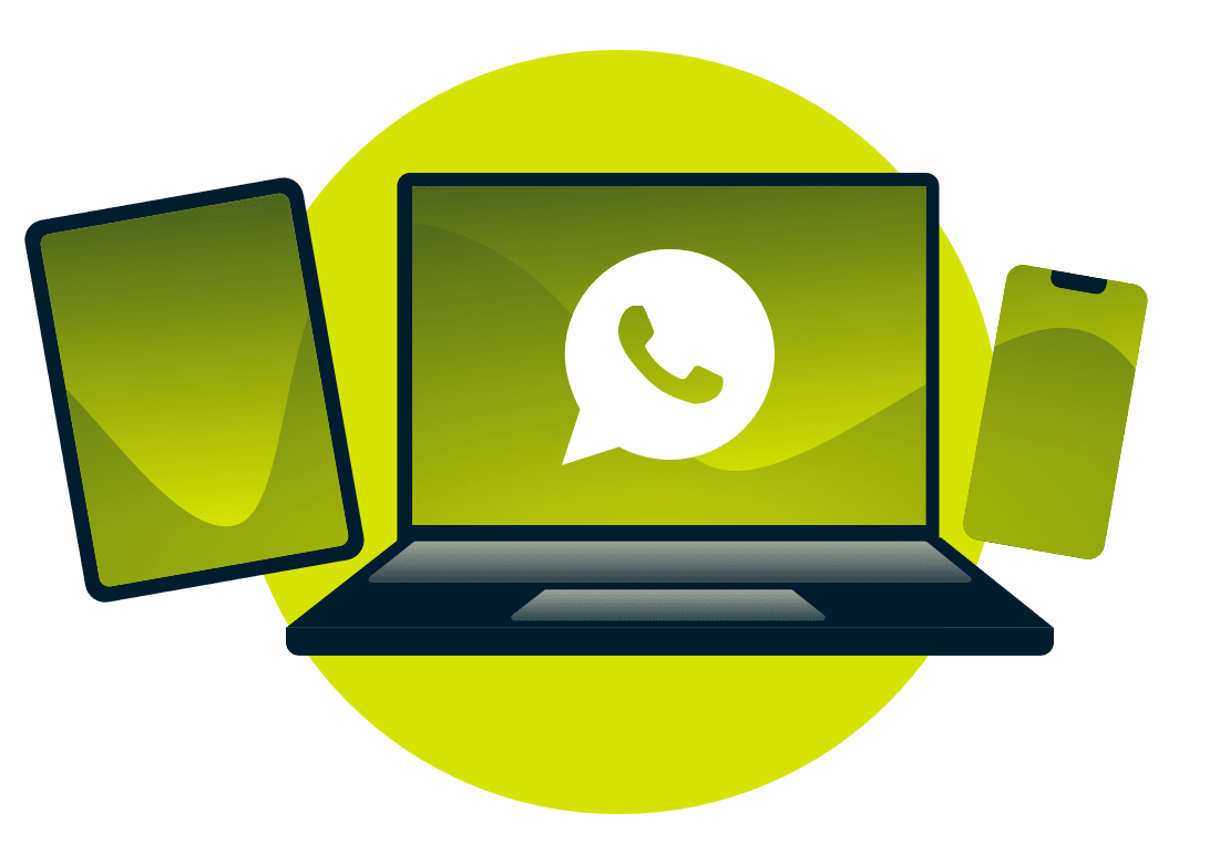 Kannettava tietokone, tabletti ja puhelin, joissa on WhatsAppin logo.